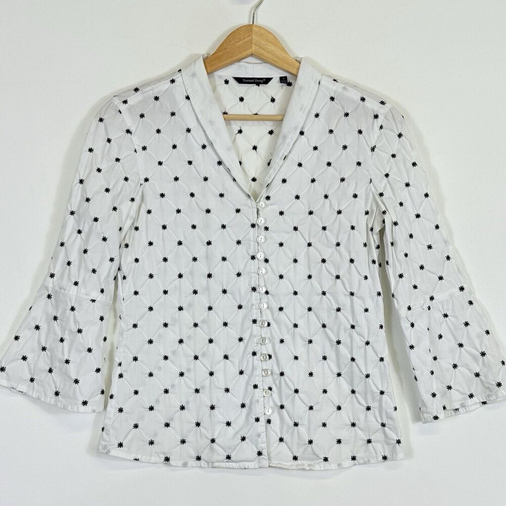 Samuel Dong Black White Embroidered‎ Star Flare Sleeve Shirt Top Women's Small